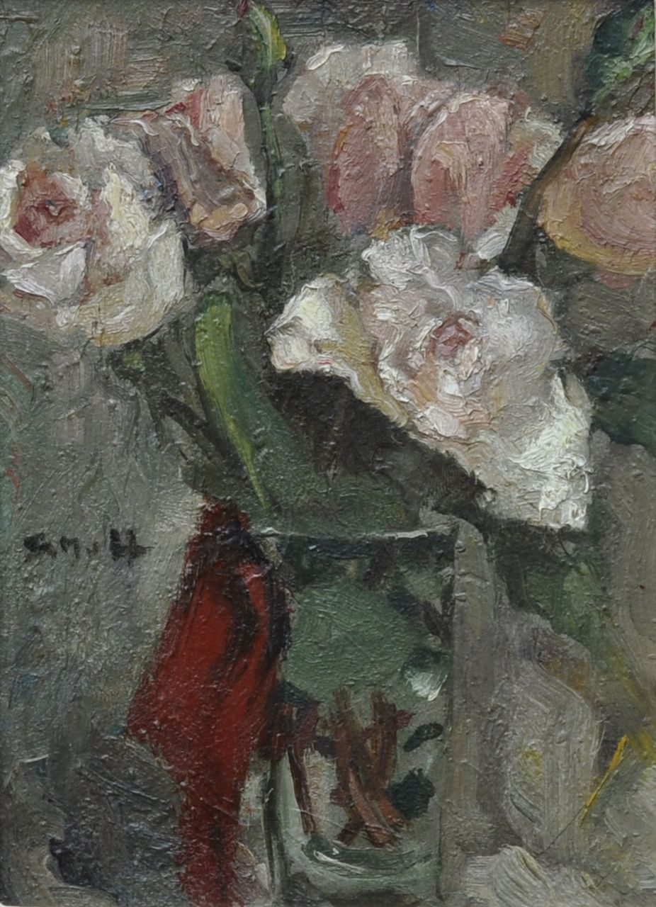 Mesdag-van Houten S.  | Sina 'Sientje' Mesdag-van Houten, Roses in a vase, oil on board 17.9 x 13.0 cm, signed c.l. with initials