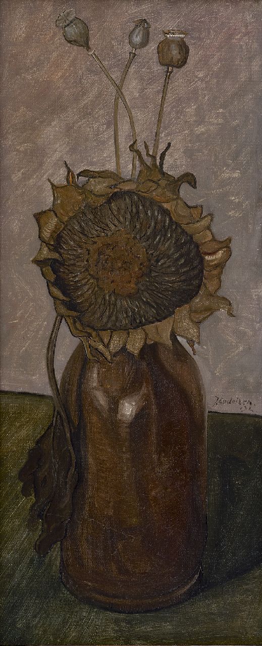 Lodeizen J.  | Johannes 'Jo' Lodeizen, Vase with sunflower, oil on canvas laid down on painter's board 49.0 x 21.0 cm, signed r.c. and dated '32