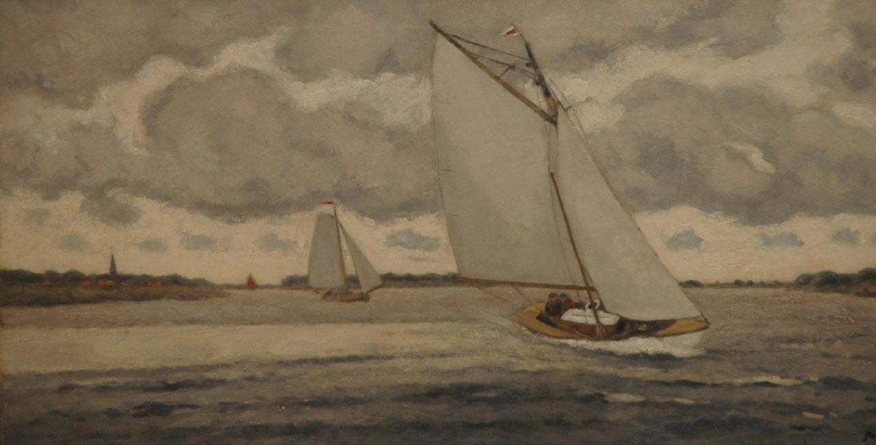Regt P. de | Pieter 'Piet' de Regt, Sailing boats on a Dutch lake, oil on canvas 40.2 x 80.5 cm, signed l.r.