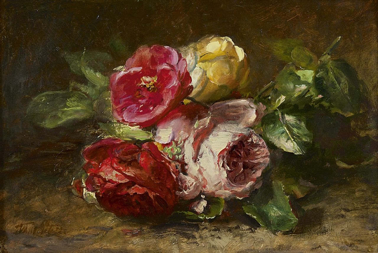 Peters A.  | Anna Peters, Roses on the forest ground, oil on canvas 21.5 x 31.5 cm, signed l.l.