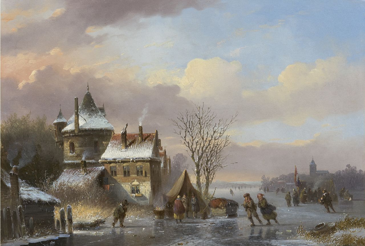 Stok J. van der | Jacobus van der Stok, A frozen canal with skaters and koek-en-zopie food stalls, oil on panel 30.7 x 43.8 cm, signed l.l.