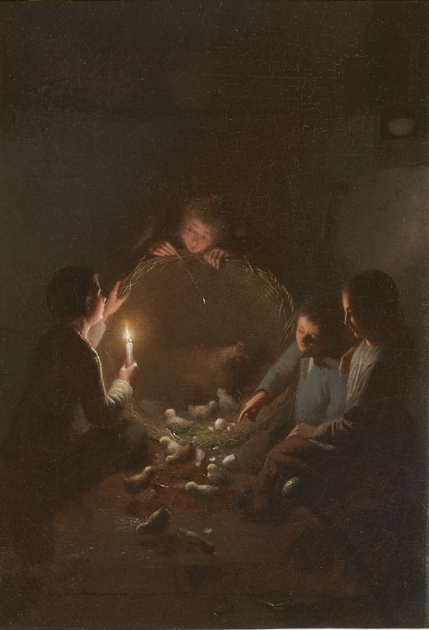 Rosierse J.  | Johannes Rosierse, A stable interior with chickens by candlelight, oil on canvas 36.0 x 27.3 cm, signed l.r.