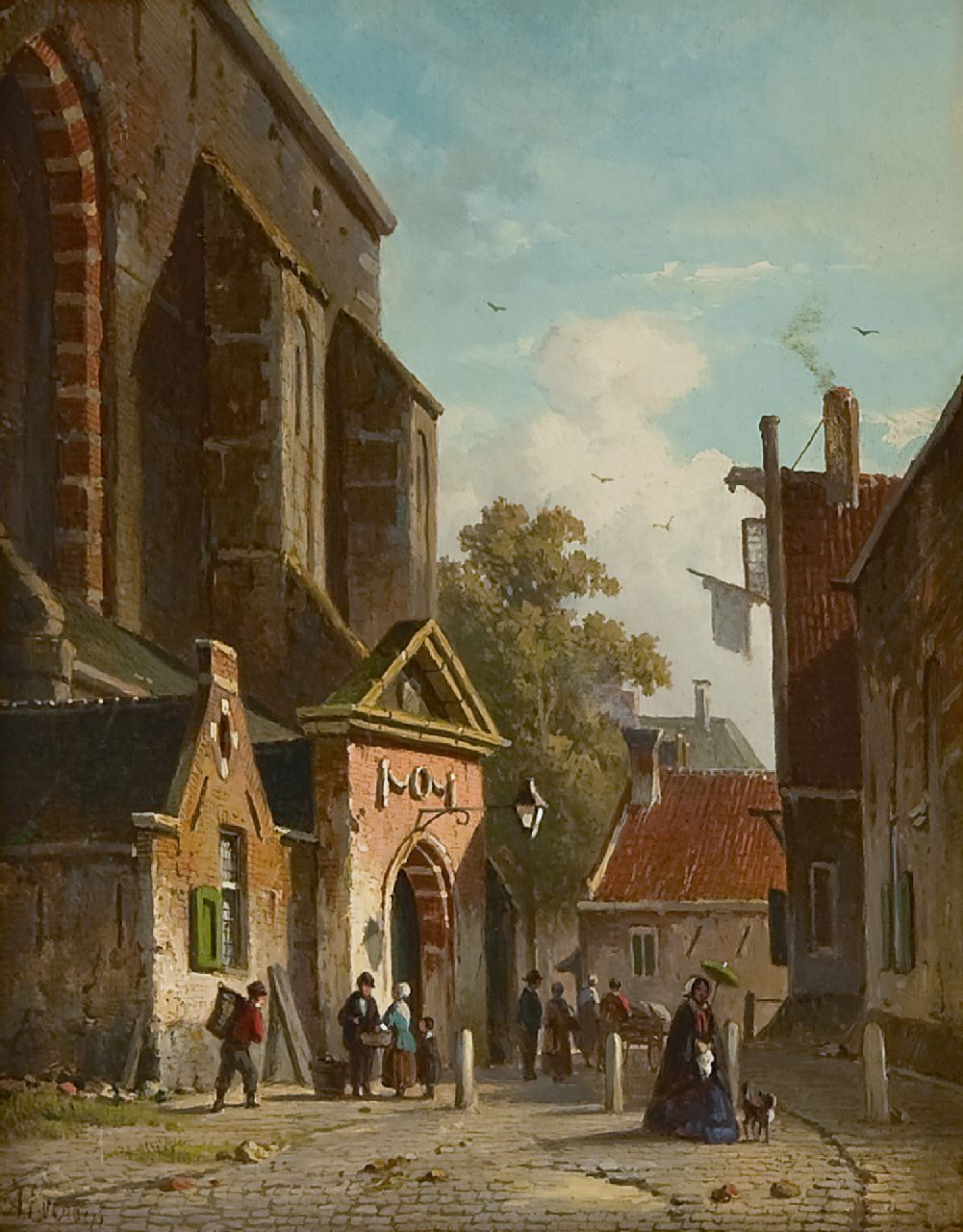 Eversen A.  | Adrianus Eversen, A view of the southern entrance of the Waalse church, Haarlem, oil on panel 19.2 x 15.2 cm, signed l.l. in full and with monogram