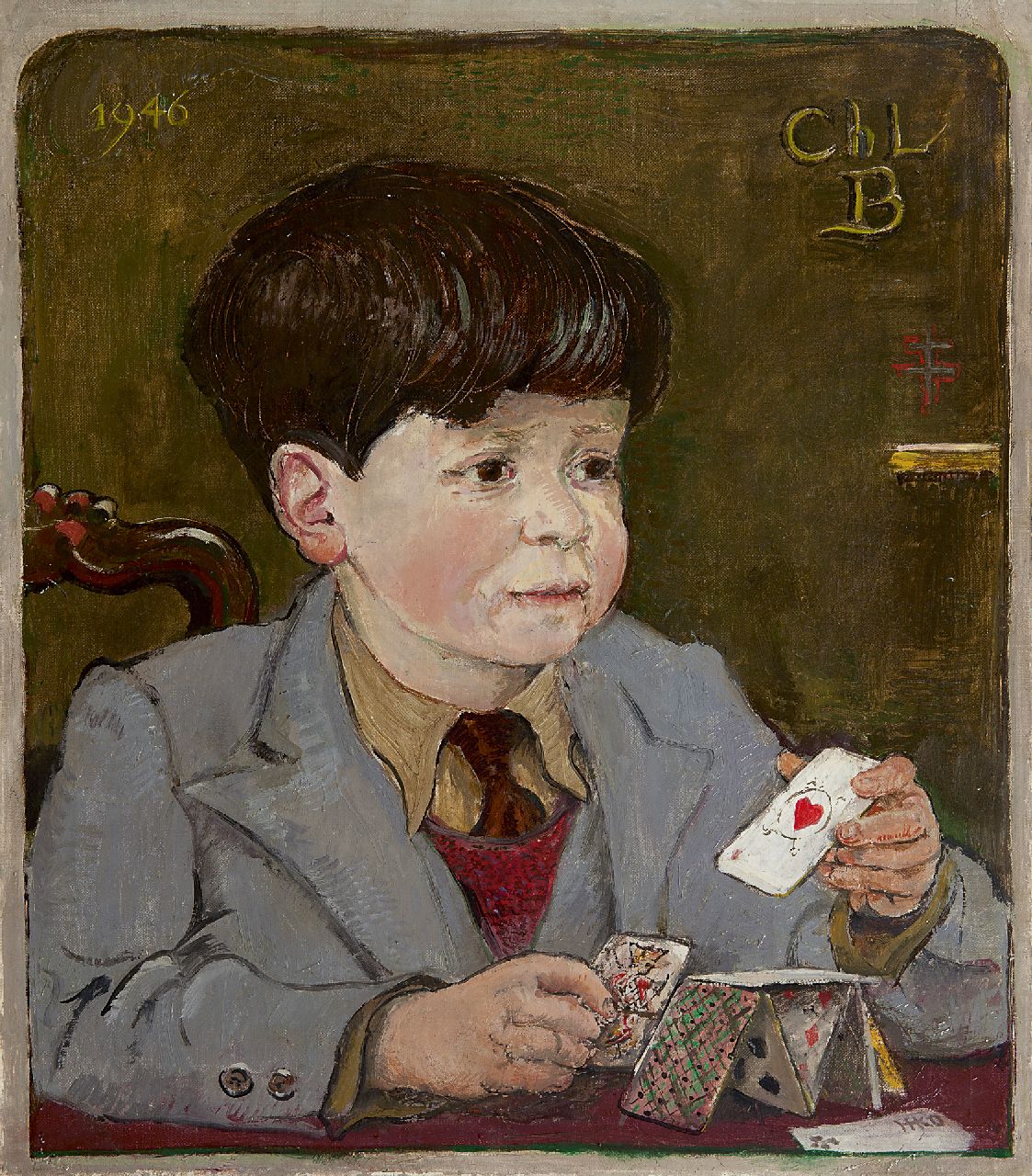 Kamerlingh Onnes H.H.  | 'Harm' Henrick Kamerlingh Onnes | Paintings offered for sale | A child with playing cards, oil on canvas 45.8 x 40.6 cm, signed l.r. with monogram and dated 1946