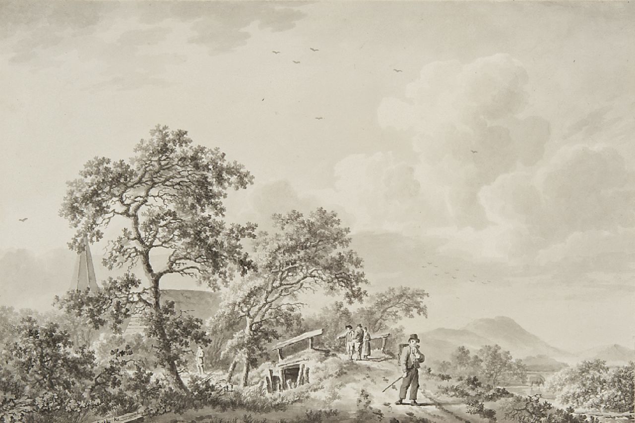 Koekkoek B.C.  | Barend Cornelis Koekkoek, Land folk on a sandy path near a village, pen, brush and ink on paper 17.5 x 26.0 cm, signed l.l.