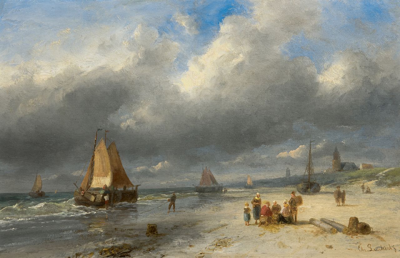 Leickert C.H.J.  | 'Charles' Henri Joseph Leickert, Bringing in the catch, Scheveningen, oil on panel 25.8 x 40.3 cm, signed l.r.