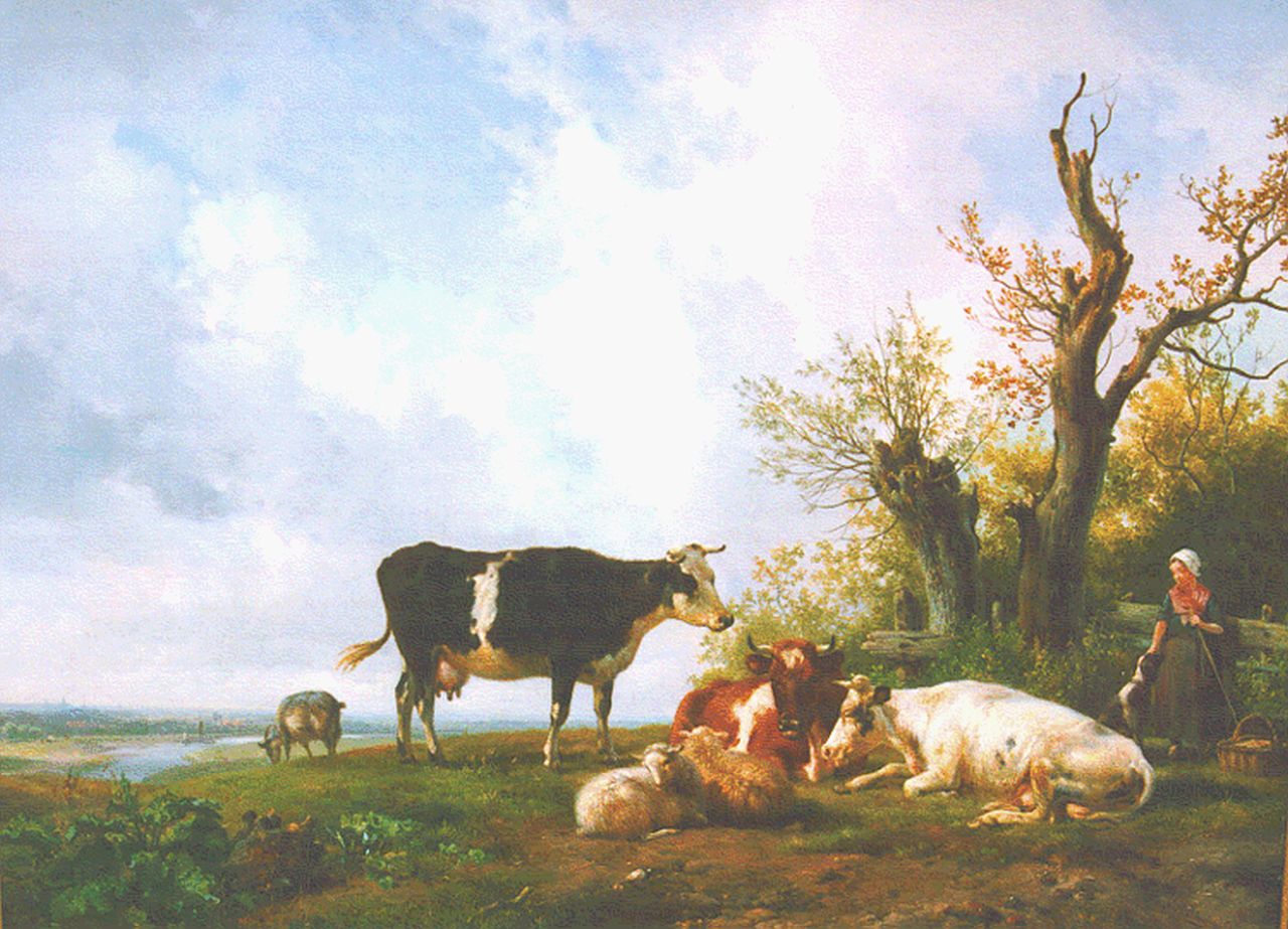 Sande Bakhuyzen H. van de | Hendrikus van de Sande Bakhuyzen, A peasant woman with cattle, oil on panel 47.6 x 63.2 cm, signed l.r. and dated 1836