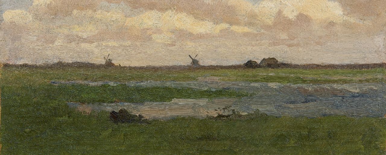 Gabriel P.J.C.  | Paul Joseph Constantin 'Constan(t)' Gabriel, A polder landscape with windmills in the distance, oil on canvas laid down on panel 16.0 x 38.0 cm