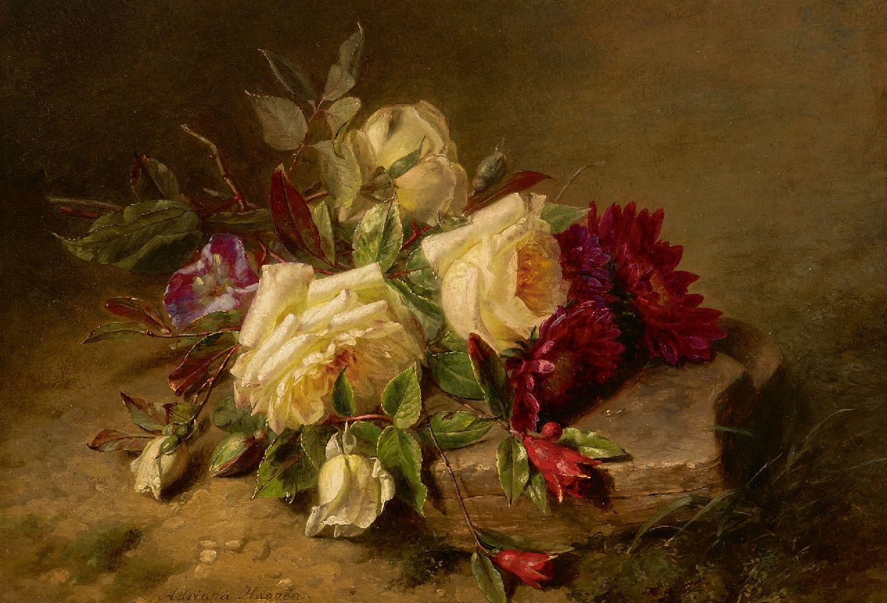 Haanen A.J.  | Adriana Johanna Haanen | Paintings offered for sale | Roses and chrysanthemums on the forest soil, oil on panel 25.5 x 36.0 cm, signed l.l.