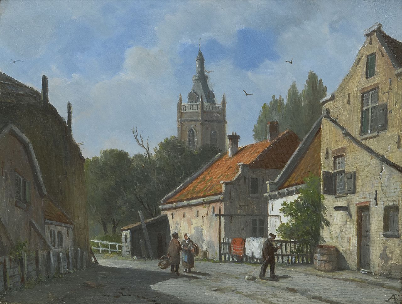 Eversen A.  | Adrianus Eversen | Paintings offered for sale | A sunny town view  in Overschie, oil on panel 20.7 x 26.8 cm, signed l.r. with monogram