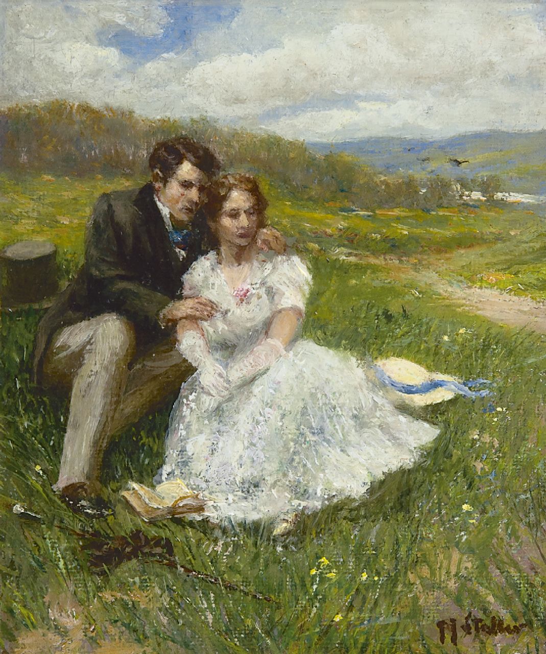 Staller G.J.  | Gerard Johan Staller, A young couple in the dunes, oil on canvas laid down on board 15.2 x 13.0 cm, signed l.r.
