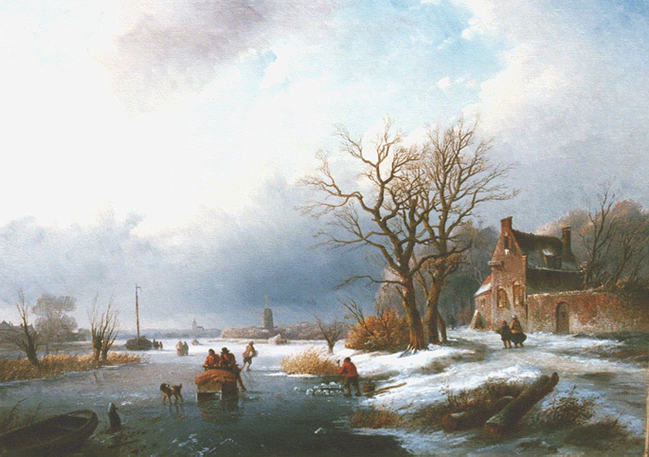 Spohler J.J.  | Jan Jacob Spohler, Frozen waterway with skaters, oil on canvas 43.8 x 62.3 cm, signed l.r.