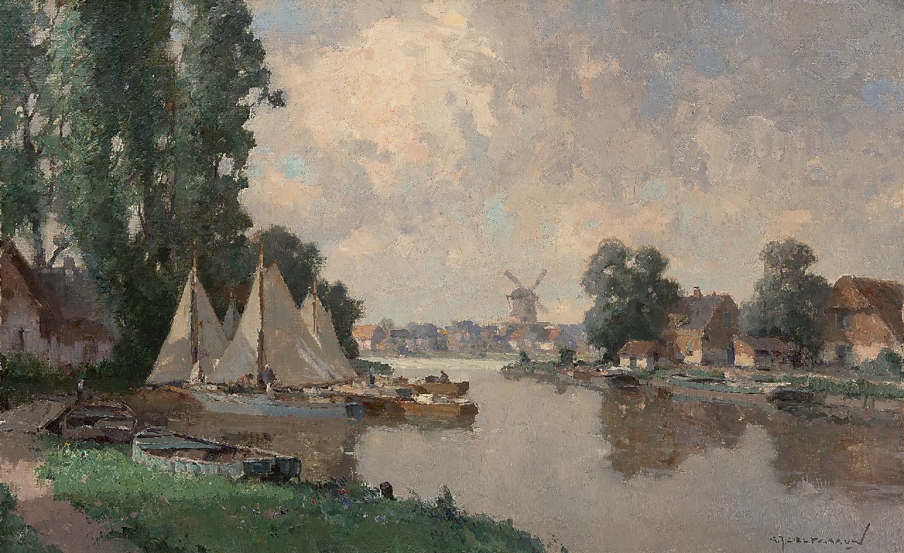 Delfgaauw G.J.  | Gerardus Johannes 'Gerard' Delfgaauw, A river with moored sailing boats, oil on canvas 50.4 x 80.4 cm, signed l.r. and on the stretcher