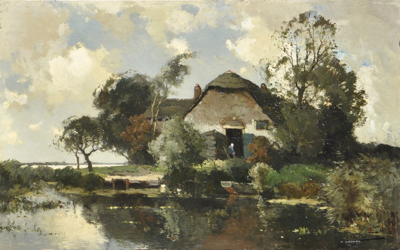 Driesten A.J. van | Arend Jan van Driesten, A farmhouse by the water, oil on panel 39.8 x 64.1 cm, signed l.r.