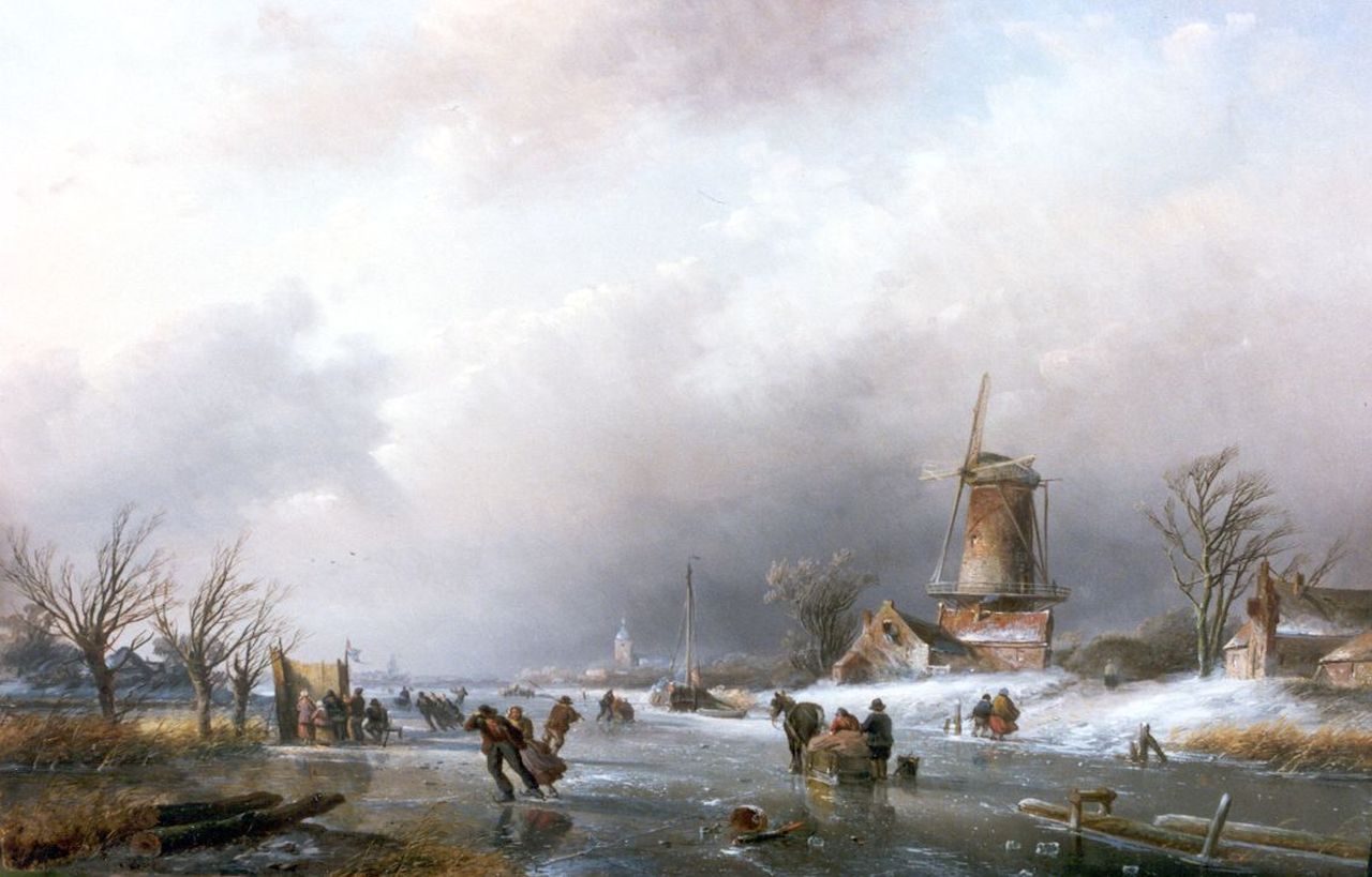 Spohler J.J.  | Jan Jacob Spohler, A winter landscape with skaters and a 'koek en zopie', oil on panel 41.6 x 62.0 cm, signed l.r.