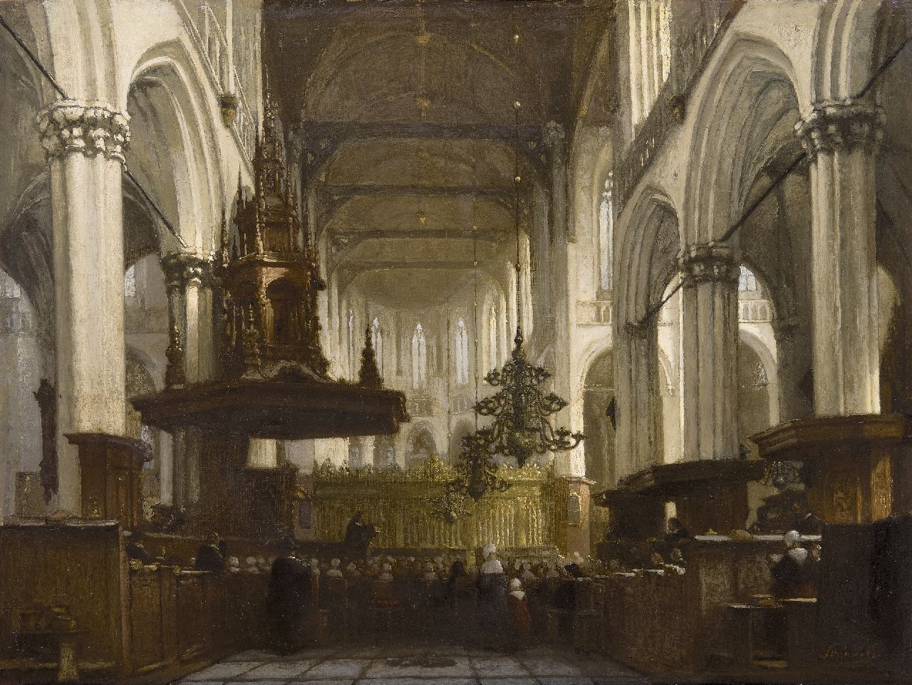 Schenkel J.J.  | Jan Jacob Schenkel, Church service in the Nieuwe Kerk in Amsterdam, oil on canvas 45.8 x 59.0 cm, signed l.r.