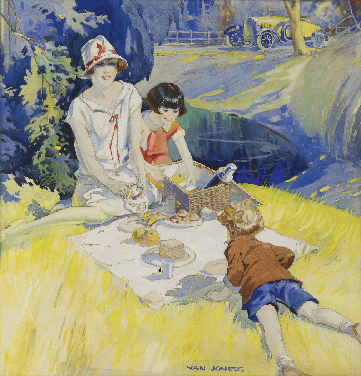 Van Jones | The picknick (possibly with the Rolls-Royce Silver Ghost Playboy Roadster 1926), gouache on board, 51.4 x 49.5 cm, signed l.c.