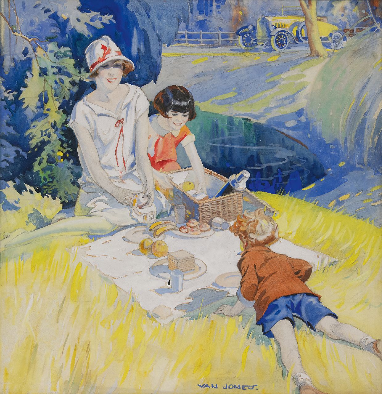 Van Jones | The picknick (possibly with the Rolls-Royce Silver Ghost Playboy Roadster 1926), gouache on board, 51.4 x 49.5 cm, signed l.c.