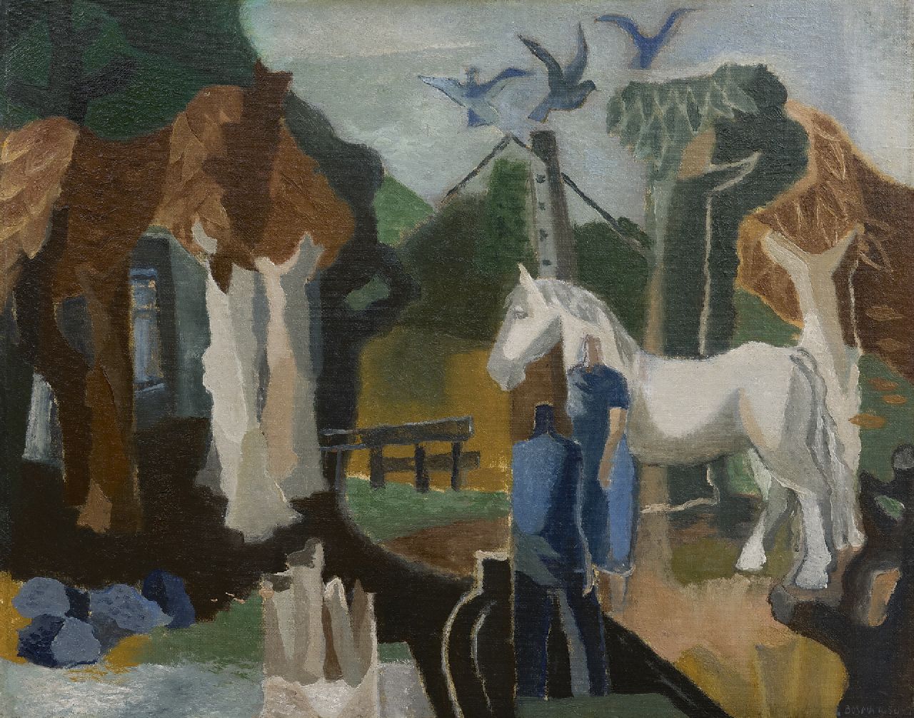 Bosma W.  | Willem 'Wim' Bosma, Man, woman and horse near a farm, oil on board 59.0 x 74.1 cm, signed l.r. and dated 1950