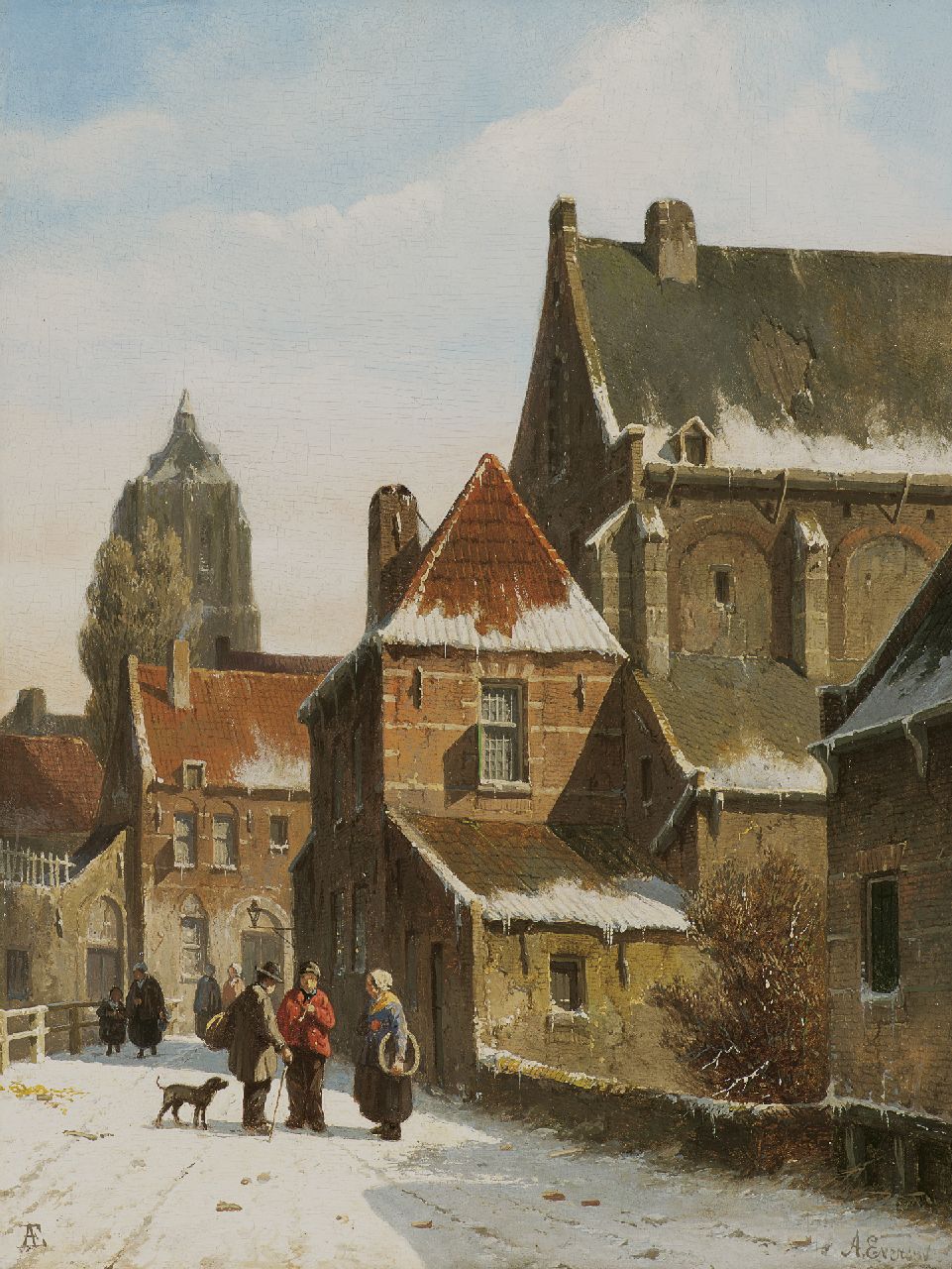 Eversen A.  | Adrianus Eversen, Figures in a snow-covered street, oil on panel 35.4 x 27.1 cm, signed l.r. in full and l.l. with monogram