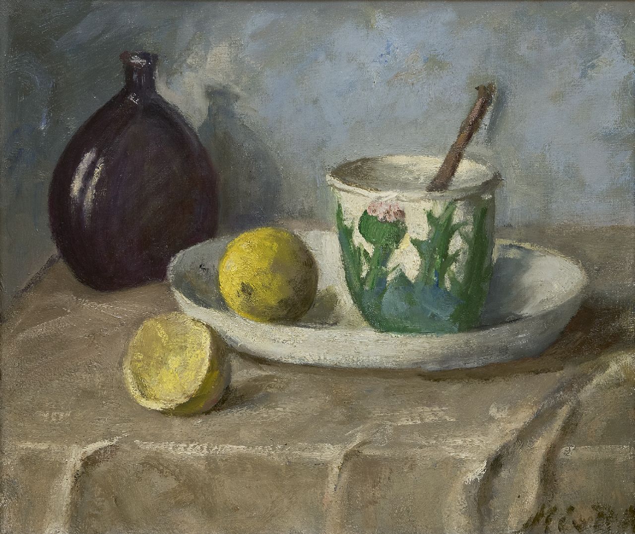 Regteren Altena M.E. van | 'Marie' Engelina van Regteren Altena, A still life with a dish, a cyp and lemons, oil on canvas 34.0 x 40.3 cm, signed l.r.