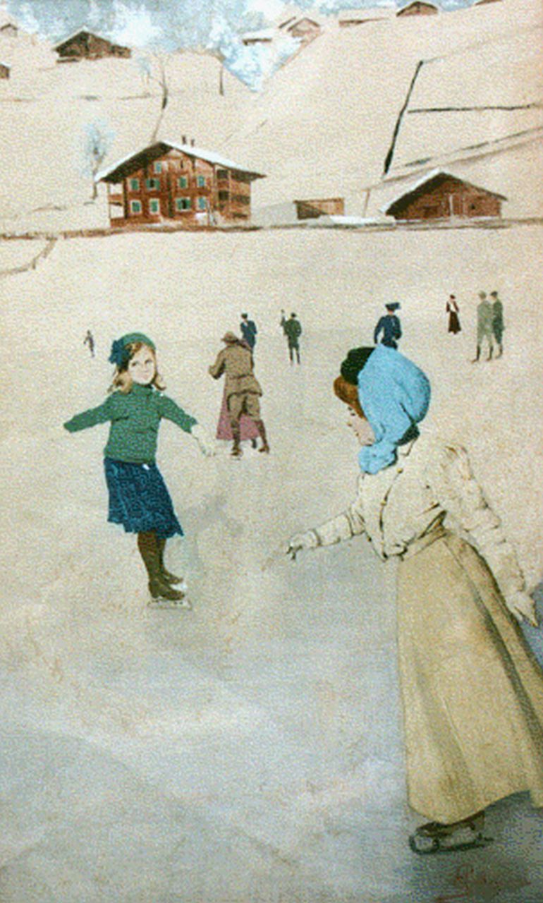 Pellegrini C.  | Carlo Pellegrini, Skaters on a swiss lake, watercolour and gouache on paper 46.5 x 29.0 cm, signed l.r.