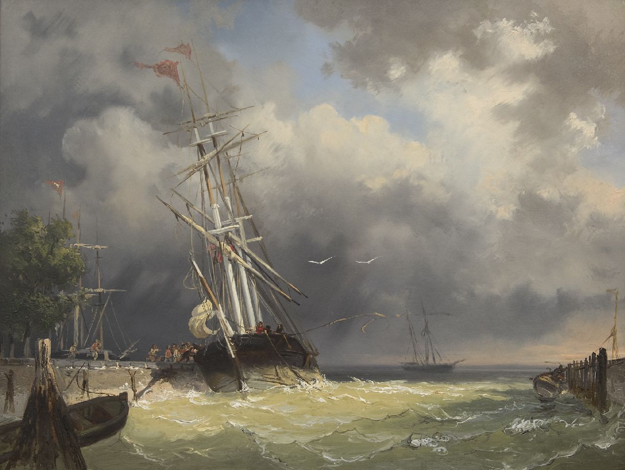 Breuhaus de Groot F.A.  | Frans Arnold Breuhaus de Groot | Paintings offered for sale | A threemaster entering the harbour in a storm, oil on panel 44.4 x 59.5 cm