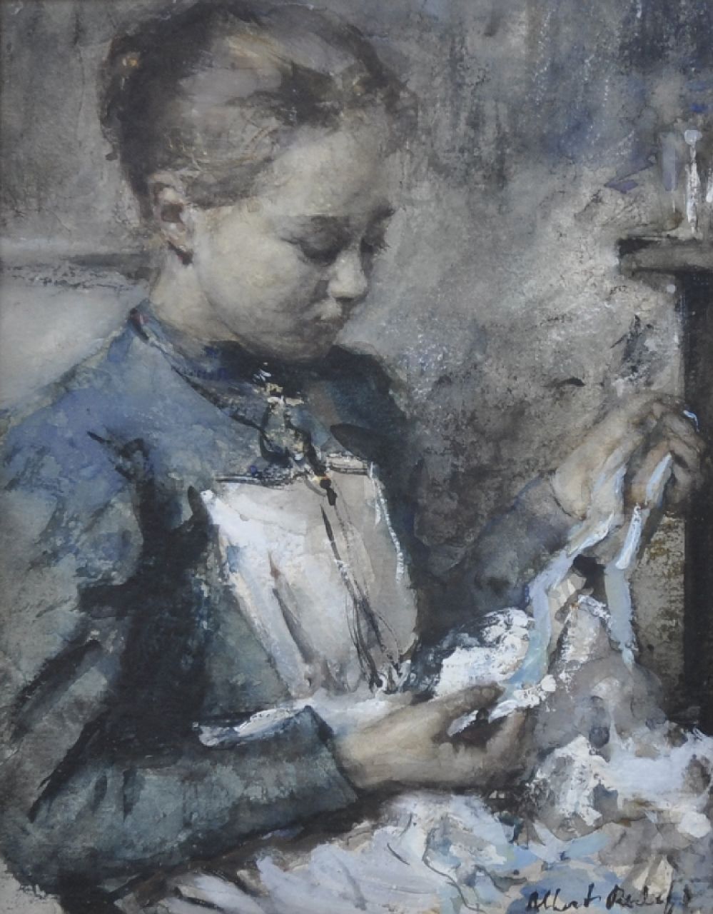 Roelofs O.W.A.  | Otto Willem Albertus 'Albert' Roelofs, Maid-servant with a blue ribbon, watercolour on paper 20.8 x 15.6 cm, signed l.r. and painted 1901