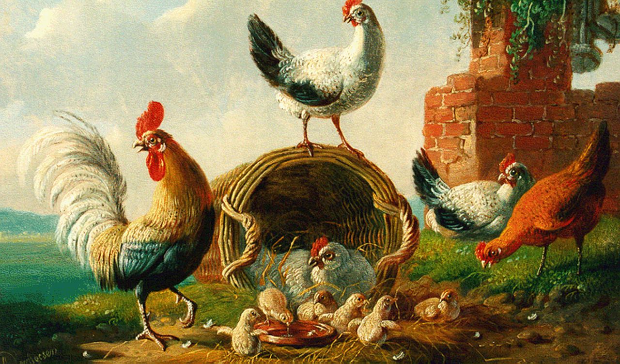 Verhoesen A.  | Albertus Verhoesen, A rooster and chickens in a landscape, oil on panel 17.8 x 25.2 cm, signed l.l. and dated 1873