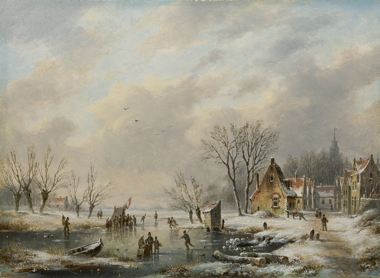 Hendriks G.  | Gerardus 'George Henry' Hendriks, Skating fun by a snowy village, oil on panel 26.0 x 35.1 cm