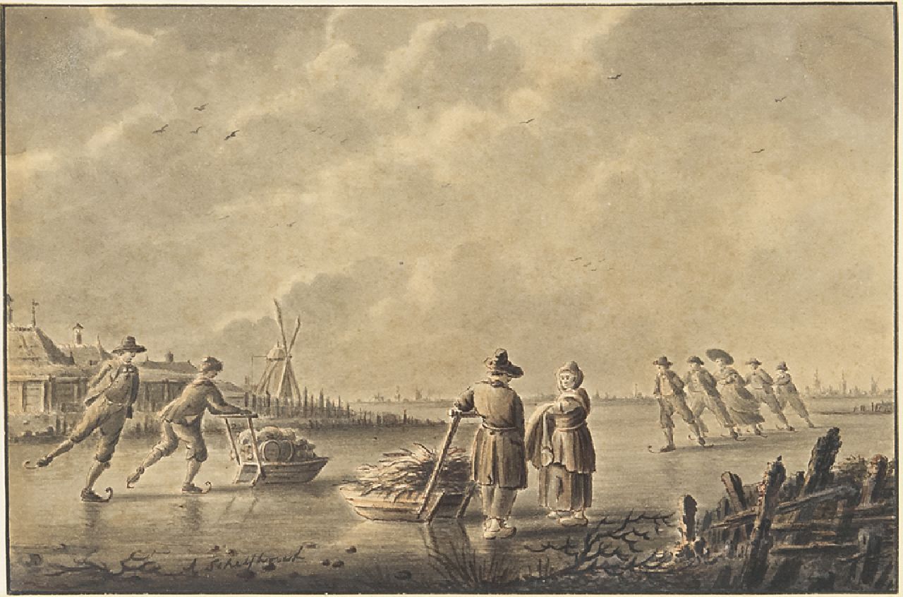 Schelfhout A.  | Andreas Schelfhout, Skaters and sledges on a frozen waterway, pen, brush and ink on paper 13.8 x 20.9 cm, signed l.l. and ca. 1805-1810