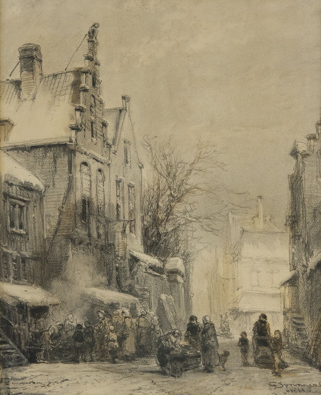 Springer C.  | Cornelis Springer, A Dutch town view in winter, charcoal on paper 50.5 x 40.0 cm, signed l.r. and dated 1861