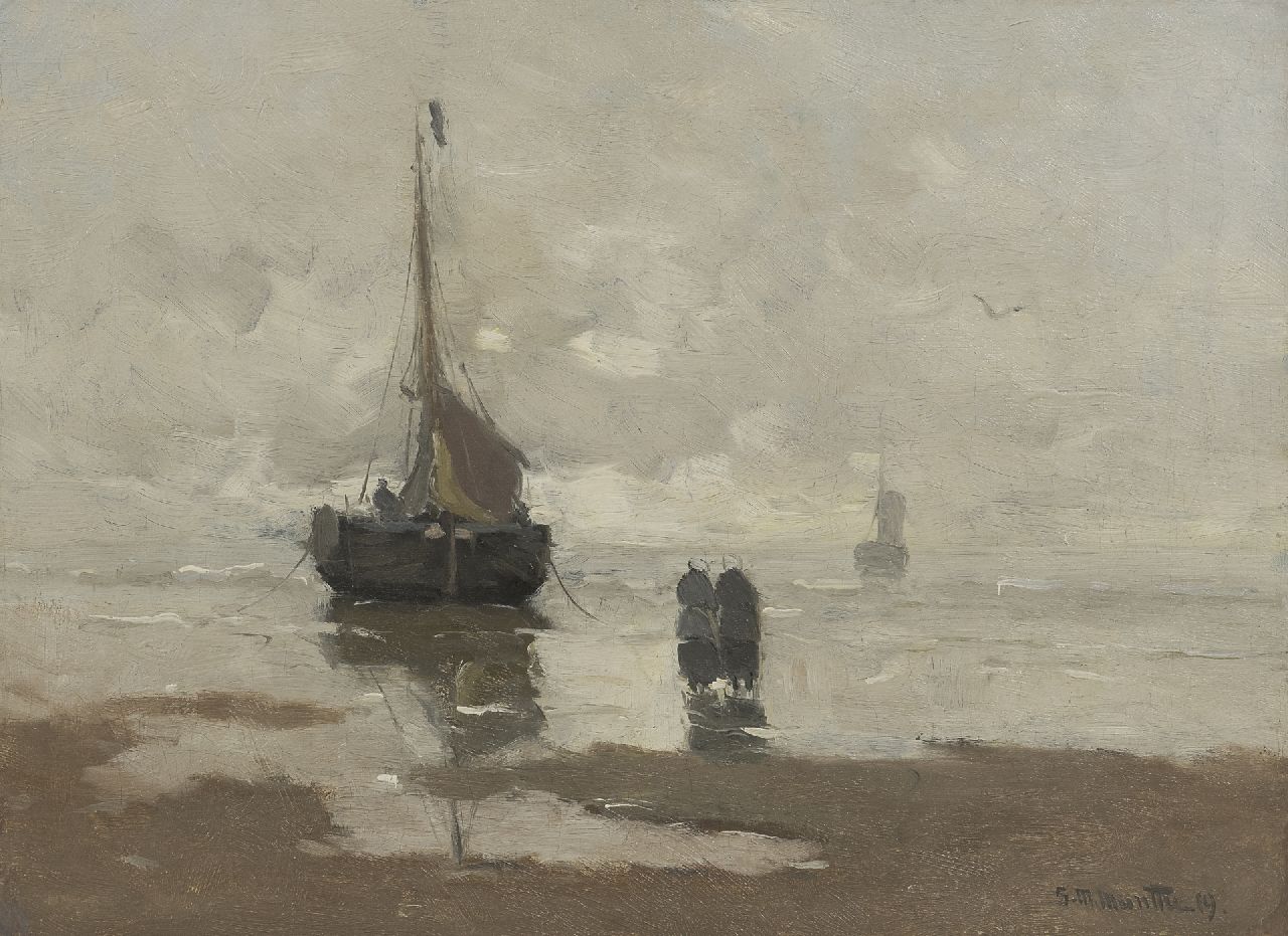 Munthe G.A.L.  | Gerhard Arij Ludwig 'Morgenstjerne' Munthe, Beach with fishing boat, oil on canvas 32.0 x 40.0 cm, signed l.r. and dated '19