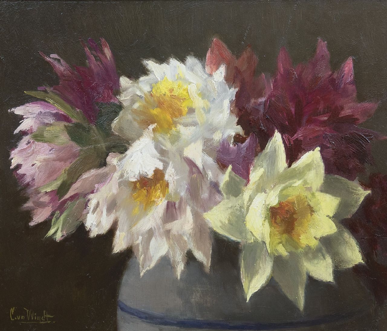 Windt Ch. van der | Christophe 'Chris' van der Windt | Paintings offered for sale | Dahlias, oil on panel 29.5 x 34.8 cm, signed l.l.