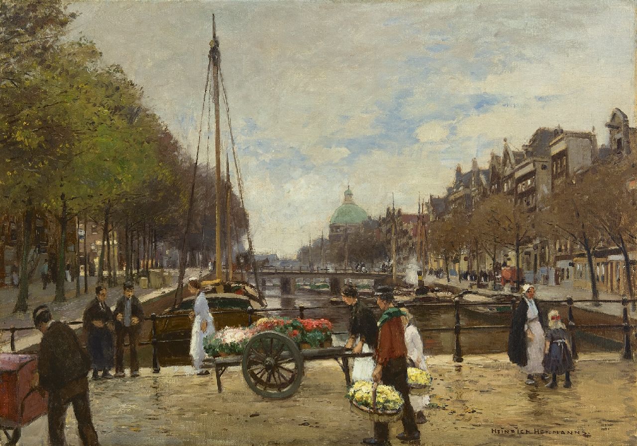 Hermanns H.  | Heinrich Hermanns | Paintings offered for sale | Flower sellers on the Lijnbaansbrug, Amsterdam, oil on canvas 63.9 x 89.5 cm, signed l.r.