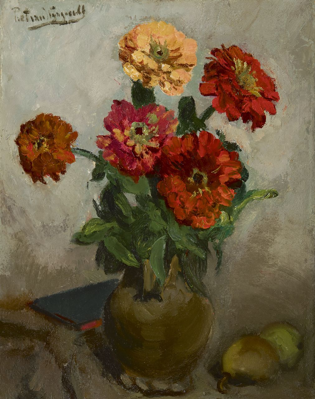 Wijngaerdt P.T. van | Petrus Theodorus 'Piet' van Wijngaerdt | Paintings offered for sale | Zinnia's, oil on canvas 50.7 x 41.0 cm, signed u.l.