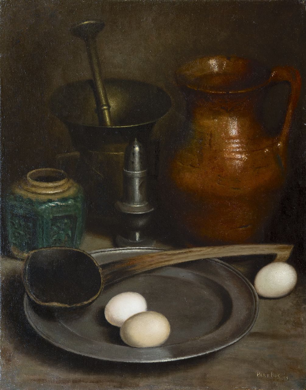 Bos H.  | Hendrik 'Henk' Bos, A still life with pewter and earthenware, oil on canvas 51.8 x 41.0 cm, signed l.r. and dated '45