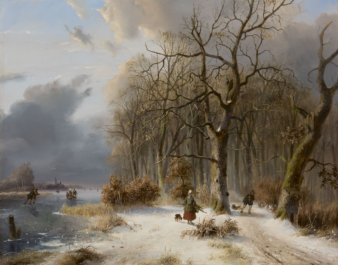 Roosenboom N.J.  | Nicolaas Johannes Roosenboom, Wood gatherers and skaters in a winterlandscape, oil on panel 49.4 x 63.0 cm, signed l.r. and dated '41