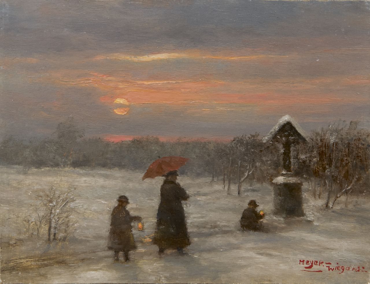 Meyer-Wiegand R.D.  | Rolf Dieter Meyer-Wiegand, Evening walk in the snow, oil on panel 12.9 x 16.9 cm, signed l.r.