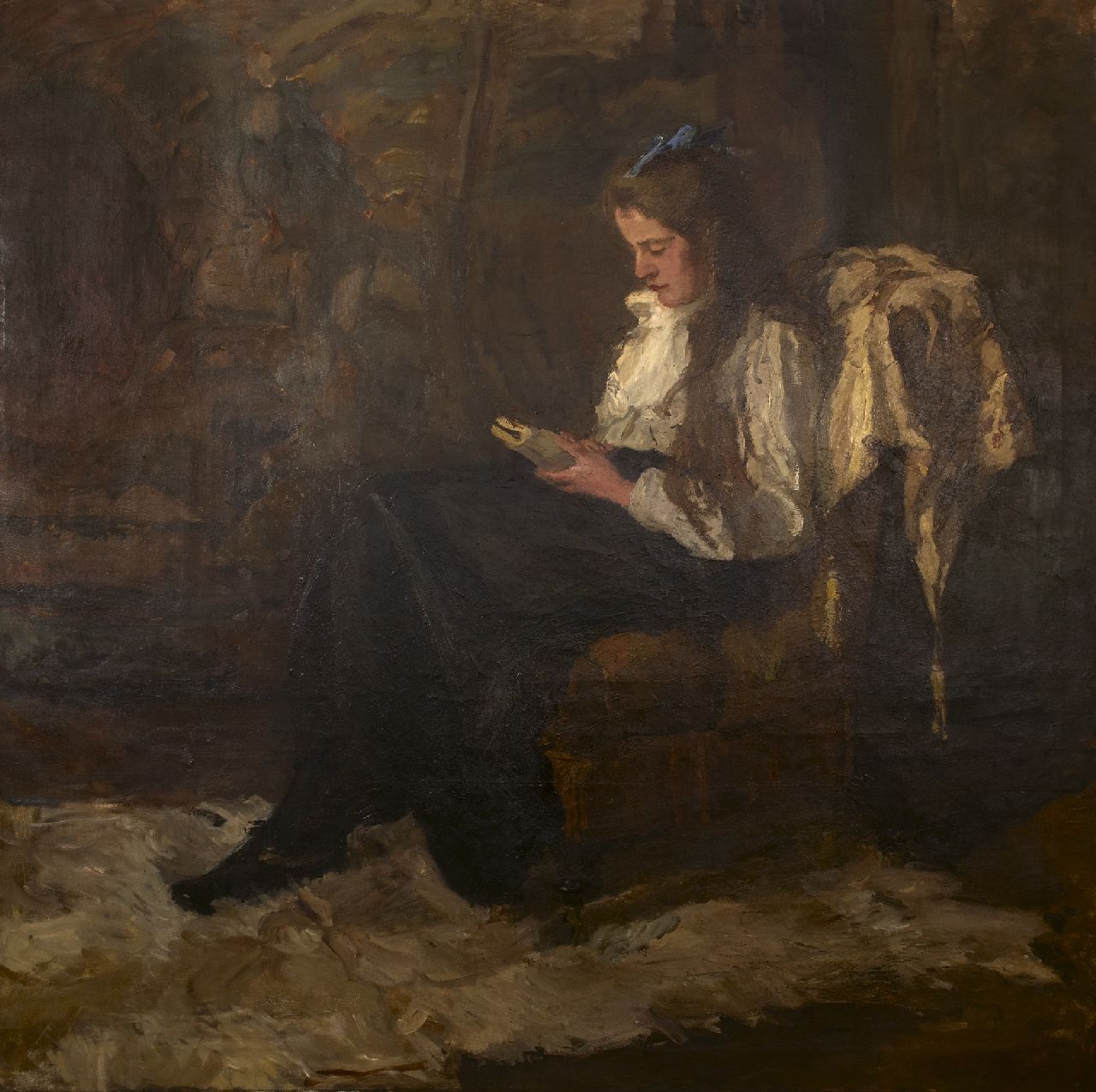 Barbara Elisabeth van Houten | Girl with a blue ribbon reading, oil on canvas, 162.5 x 163.0 cm