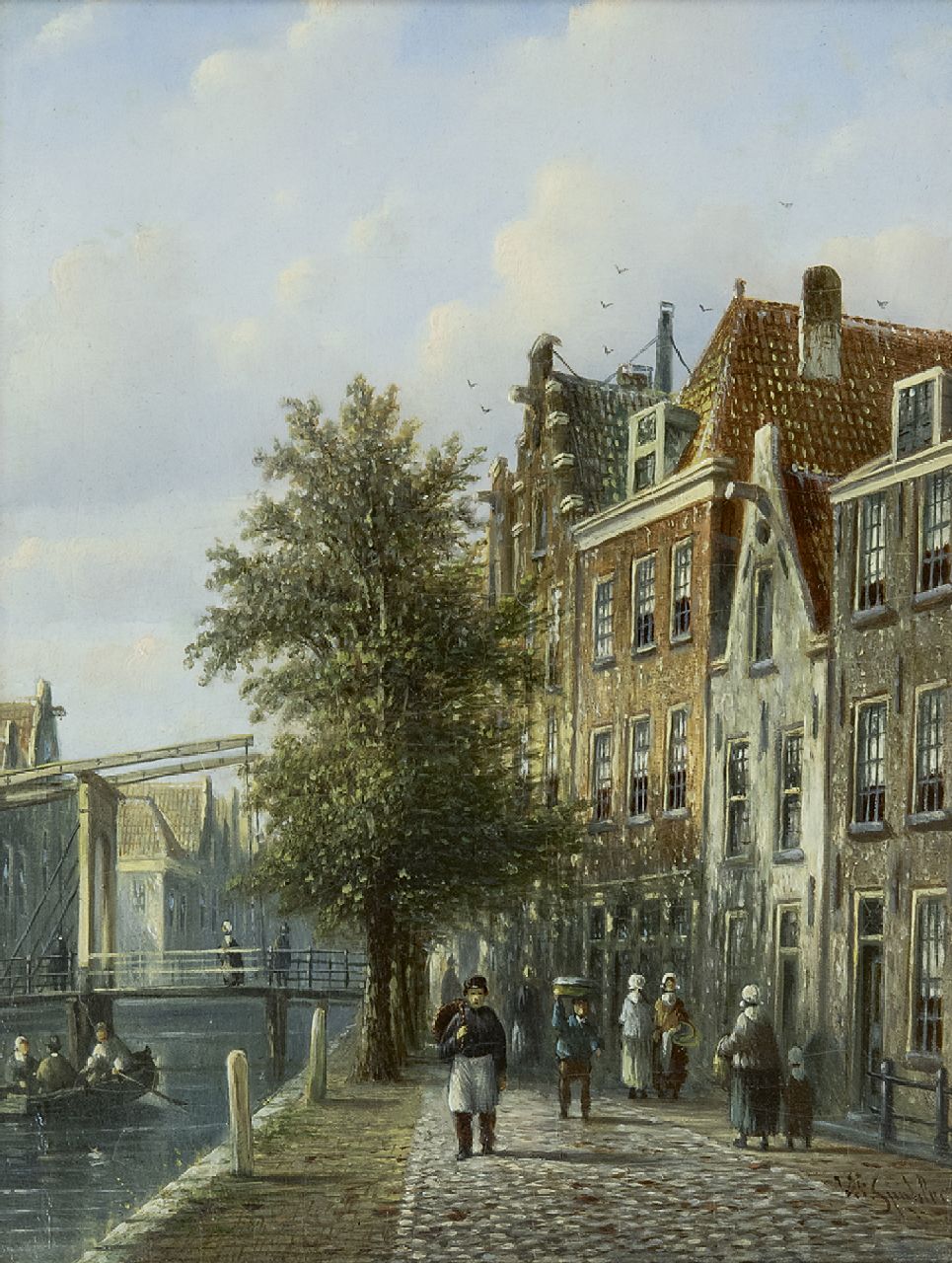 Spohler J.F.  | Johannes Franciscus Spohler, A sunlit canal with a drawbridge, oil on panel 20.4 x 16.0 cm, signed l.r.