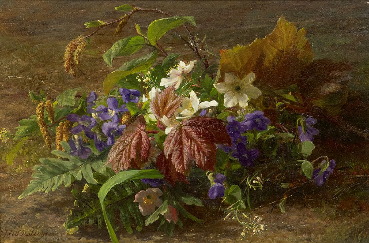 Sande Bakhuyzen G.J. van de | 'Gerardine' Jacoba van de Sande Bakhuyzen, An autumn bouquet with violets on a forest floor, oil on panel 24.8 x 36.6 cm, signed l.l.