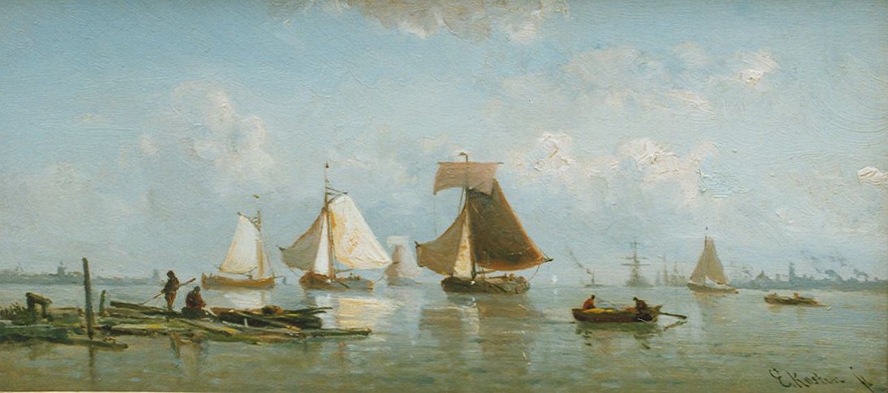 Koster E.  | Everhardus Koster, Shipping in a calm, oil on panel 15.2 x 33.2 cm, signed l.r.