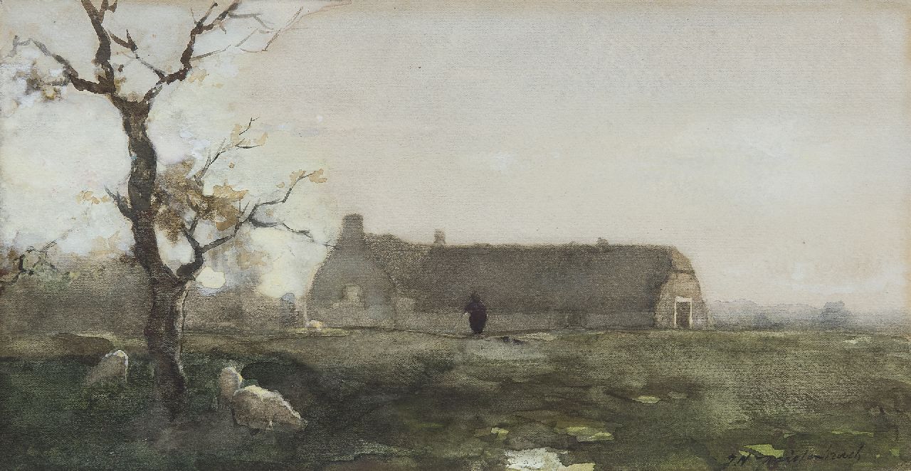 Weissenbruch H.J.  | Hendrik Johannes 'J.H.' Weissenbruch, The Hanenburg farm, The Hague, chalk, watercolour and gouache on paper 18.9 x 36.2 cm, signed l.r.