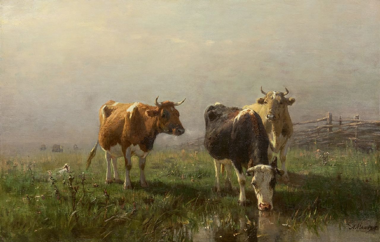 Mauve A.  | Anthonij 'Anton' Mauve, Cows in a meadow, oil on canvas 54.1 x 83.3 cm, signed l.r.