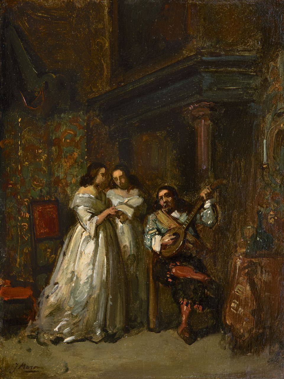 Maris J.H.  | Jacobus Hendricus 'Jacob' Maris | Paintings offered for sale | Romance, oil on paper laid down on panel 30.3 x 23.1 cm, signed l.l. and painted ca. 1854-1855