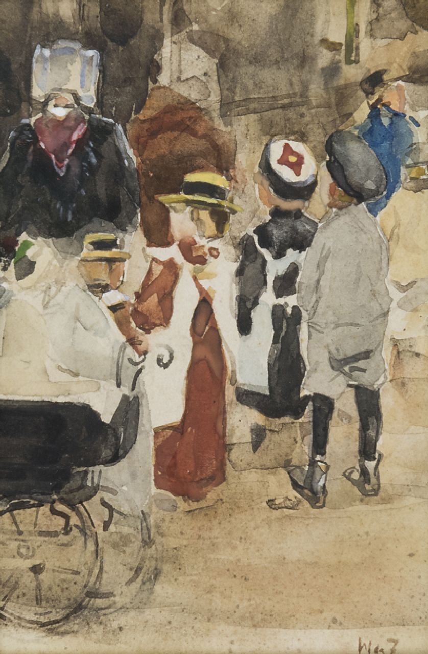 Zwart W.H.P.J. de | Wilhelmus Hendrikus Petrus Johannes 'Willem' de Zwart | Watercolours and drawings offered for sale | Nanny with children and stroller, watercolour on paper 19.1 x 12.8 cm, signed l.r. with initials