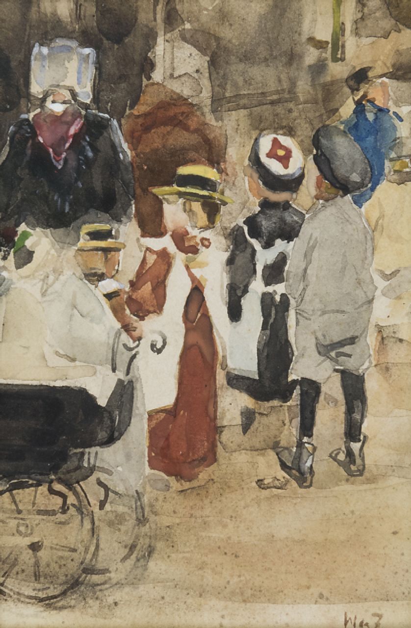 Zwart W.H.P.J. de | Wilhelmus Hendrikus Petrus Johannes 'Willem' de Zwart | Watercolours and drawings offered for sale | Nanny with children and stroller, watercolour on paper 19.1 x 12.8 cm, signed l.r. with initials and painted ca. 1931