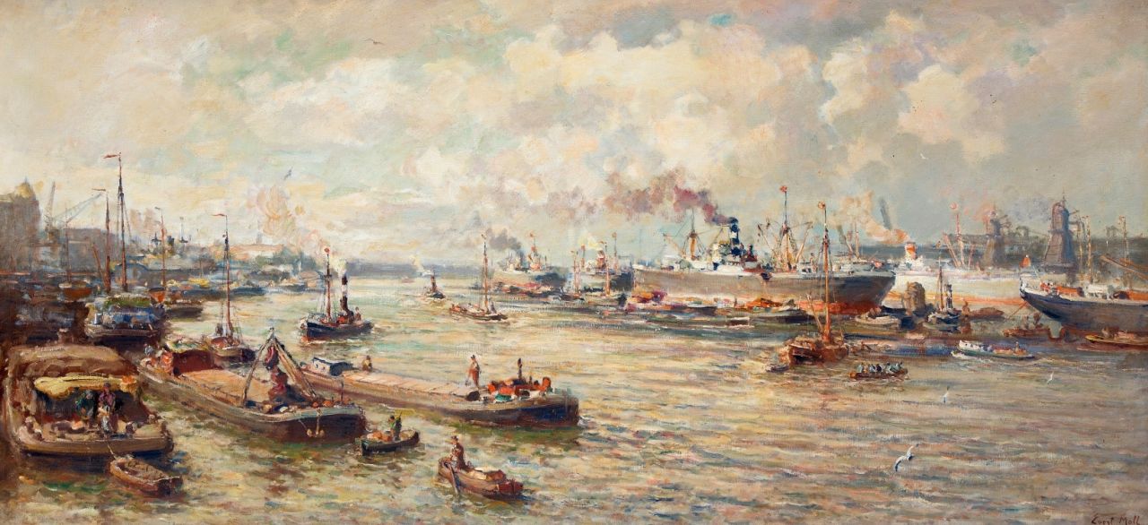 Moll E.  | Evert Moll, The harbour of Rotterdam, oil on canvas 94.6 x 200.4 cm, signed l.r.