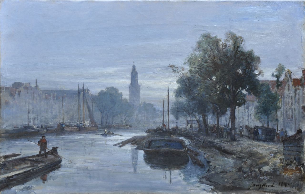 Jongkind J.B.  | Johan Barthold Jongkind, A view in Amsterdam ('Oudeschans'), oil on canvas 26.5 x 43.5 cm, signed l.r. and dated 1885
